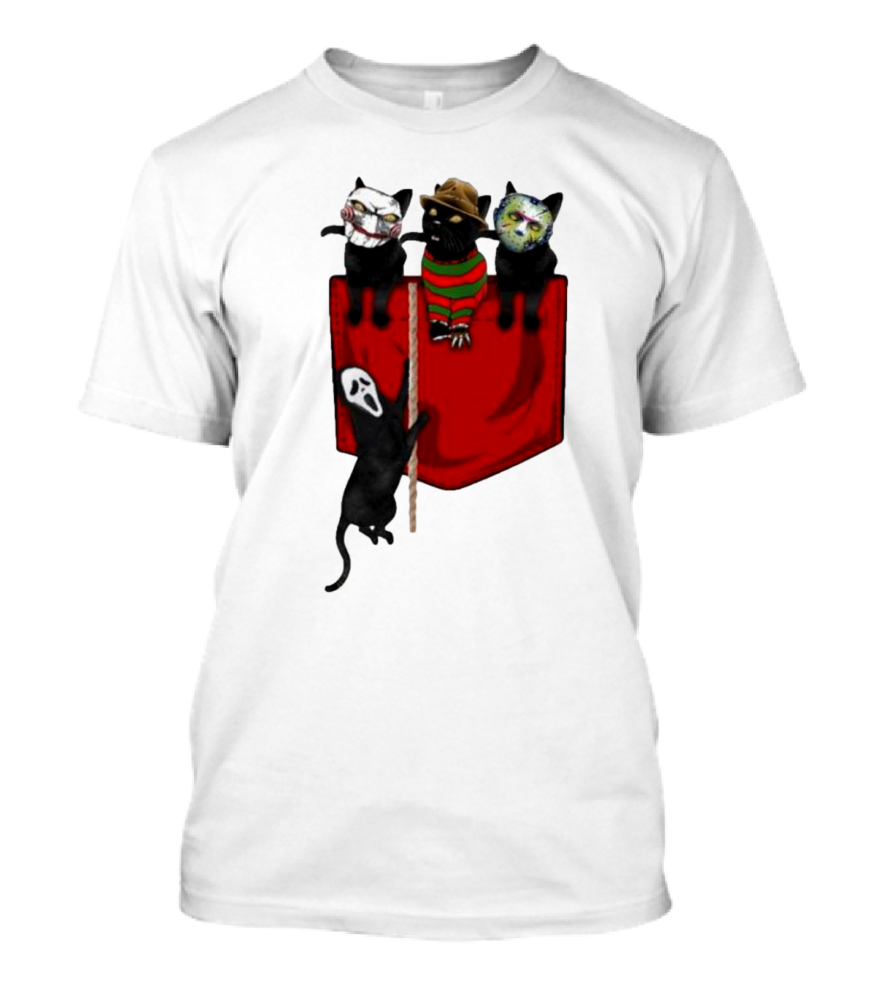 Cat Cosplay Horror Movie Characters Trick Or Treat Freddy Krueger Jason Voorhees Scream Happy Halloween T-Shirt