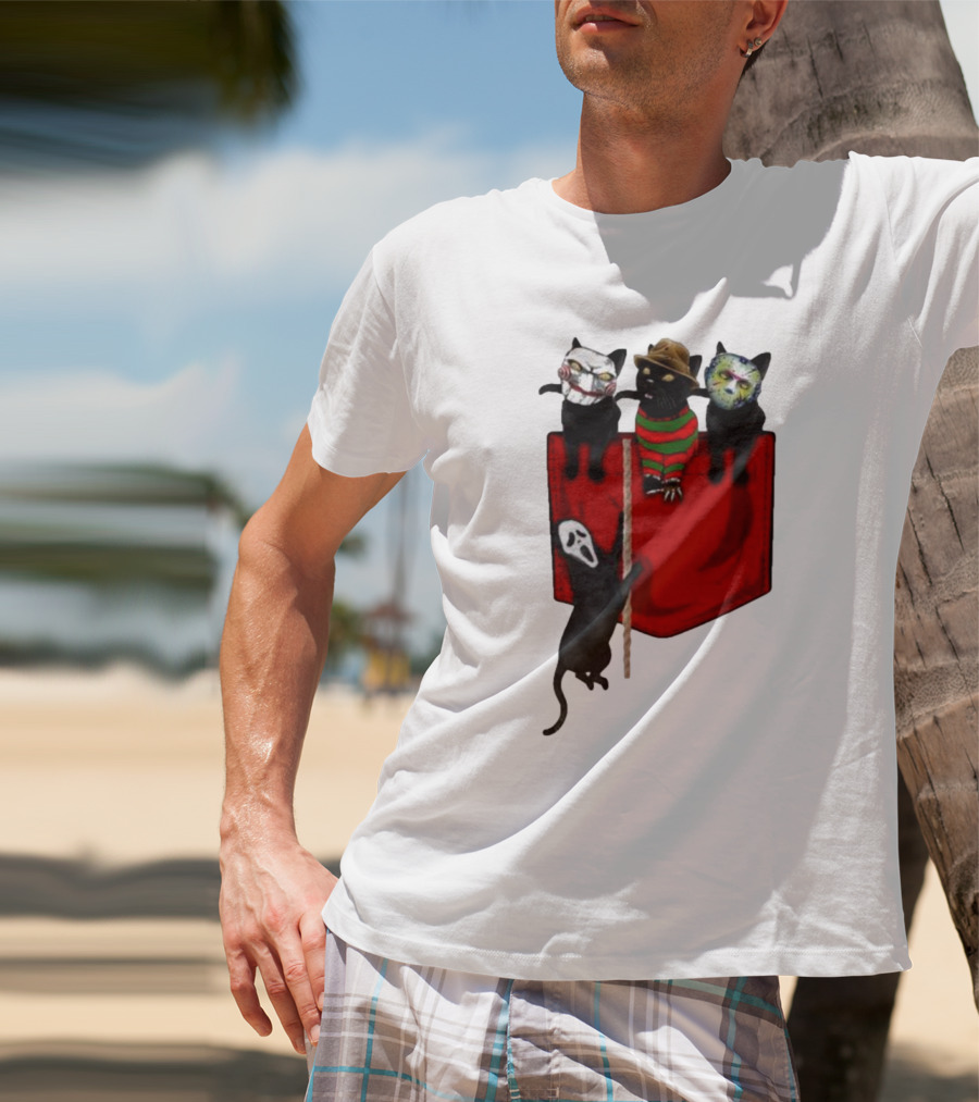 Cat Cosplay Horror Movie Characters Trick Or Treat Freddy Krueger Jason Voorhees Scream Happy Halloween T-Shirt