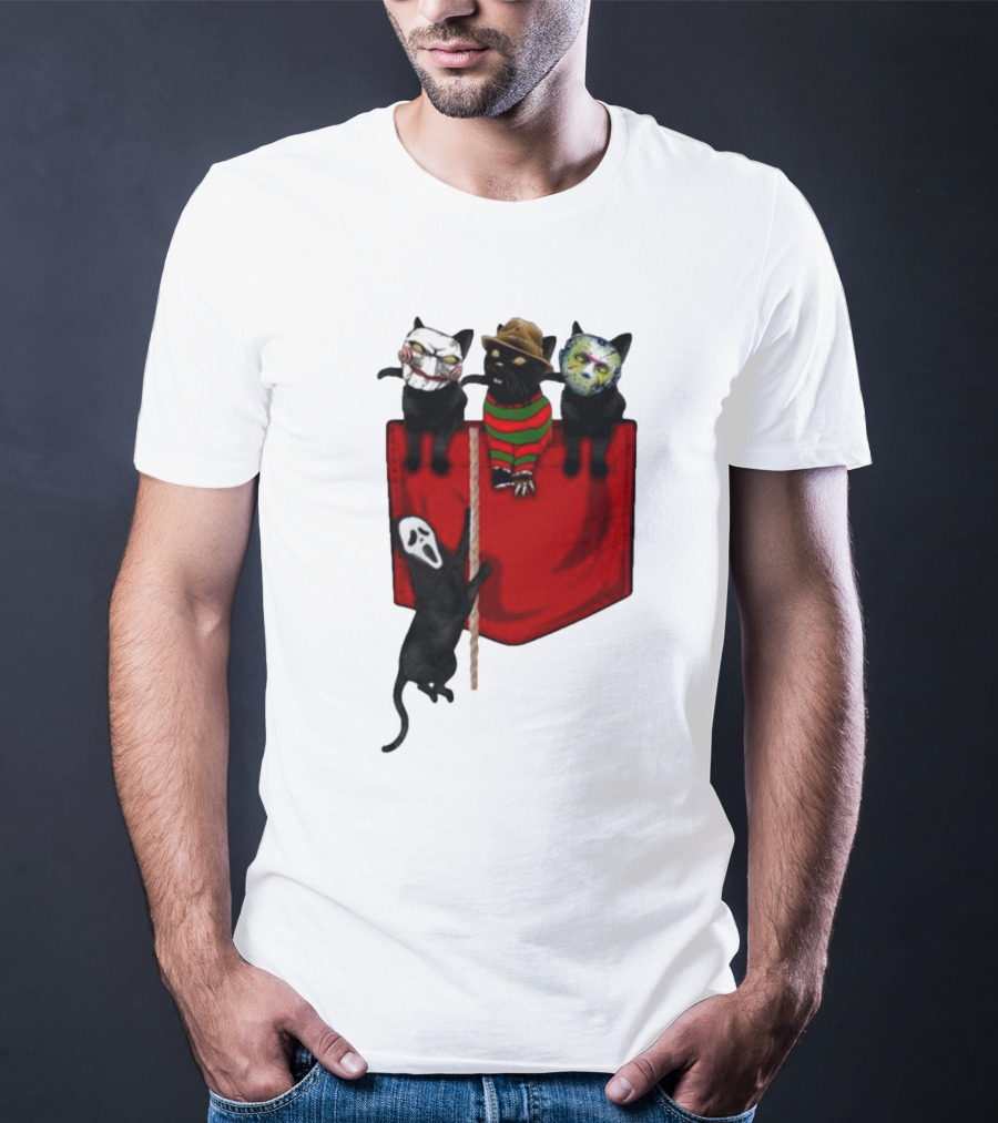 Cat Cosplay Horror Movie Characters Trick Or Treat Freddy Krueger Jason Voorhees Scream Happy Halloween T-Shirt