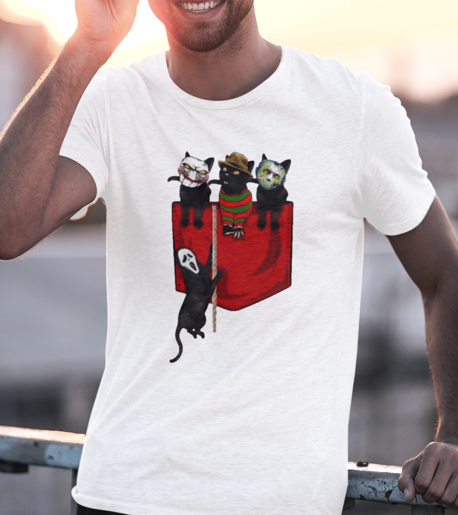 Cat Cosplay Horror Movie Characters Trick Or Treat Freddy Krueger Jason Voorhees Scream Happy Halloween T-Shirt
