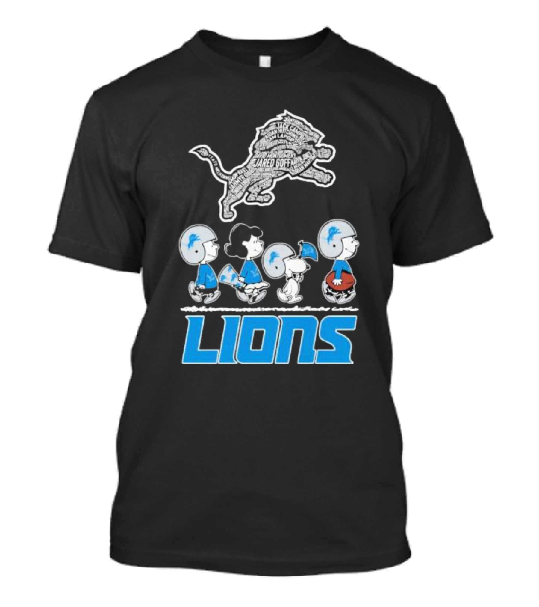 Peanuts Characters Walking Detroit Lions Jared Goff T-Shirt