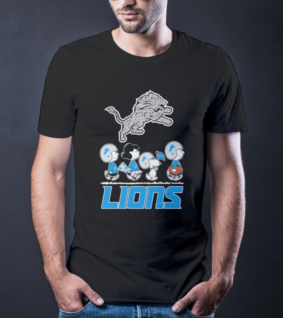 Peanuts Characters Walking Detroit Lions Jared Goff T-Shirt