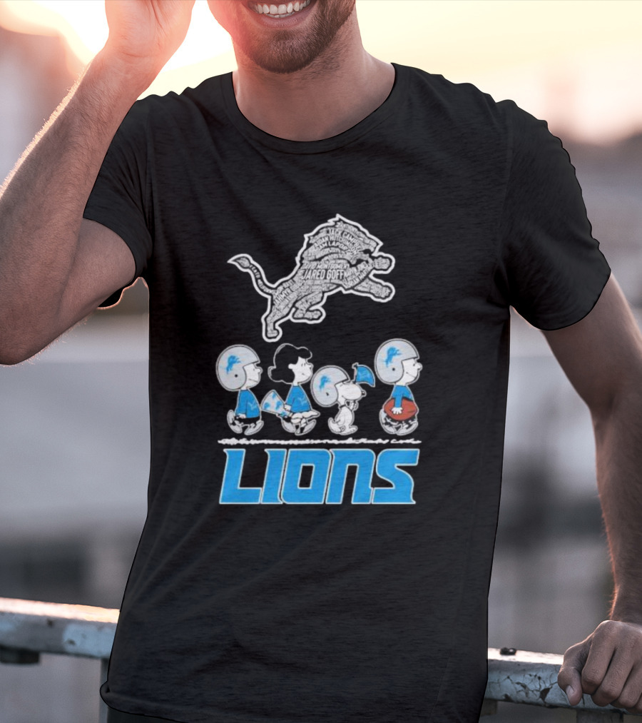Peanuts Characters Walking Detroit Lions Jared Goff T-Shirt