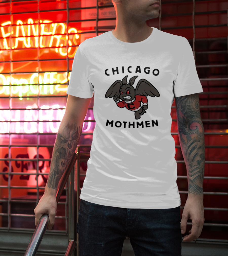 Chicago Mothmen Harebrained Design Winged Mascot C Logo Red Eyes T-Shirt