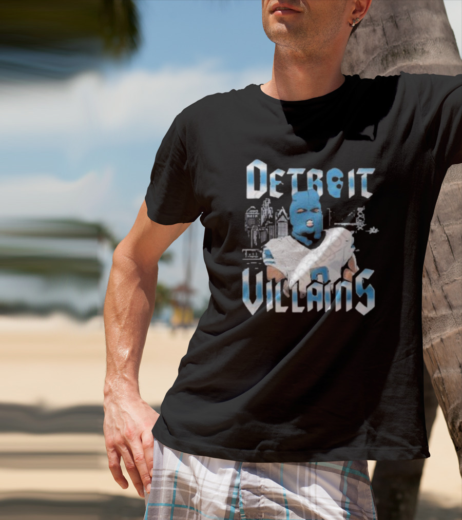 Detroit Villains Football Blue Masked Player Featuring City Skyline T-Shirt