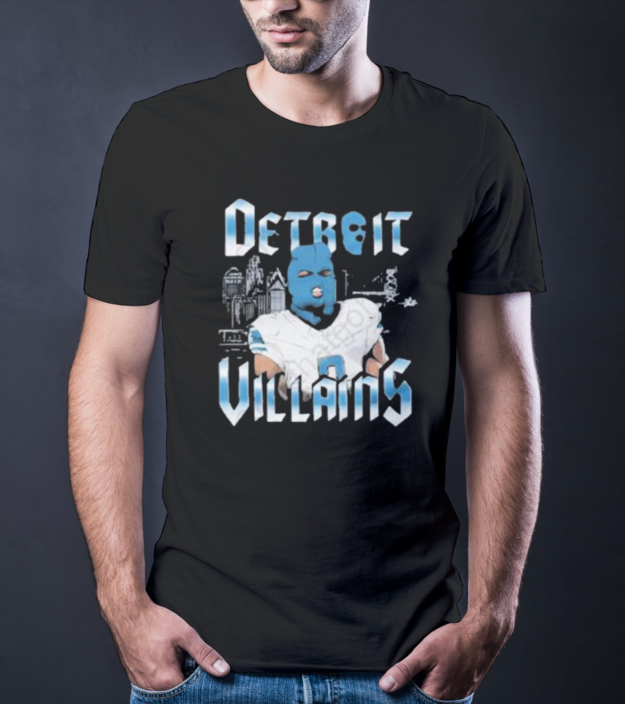 Detroit Villains Football Blue Masked Player Featuring City Skyline T-Shirt