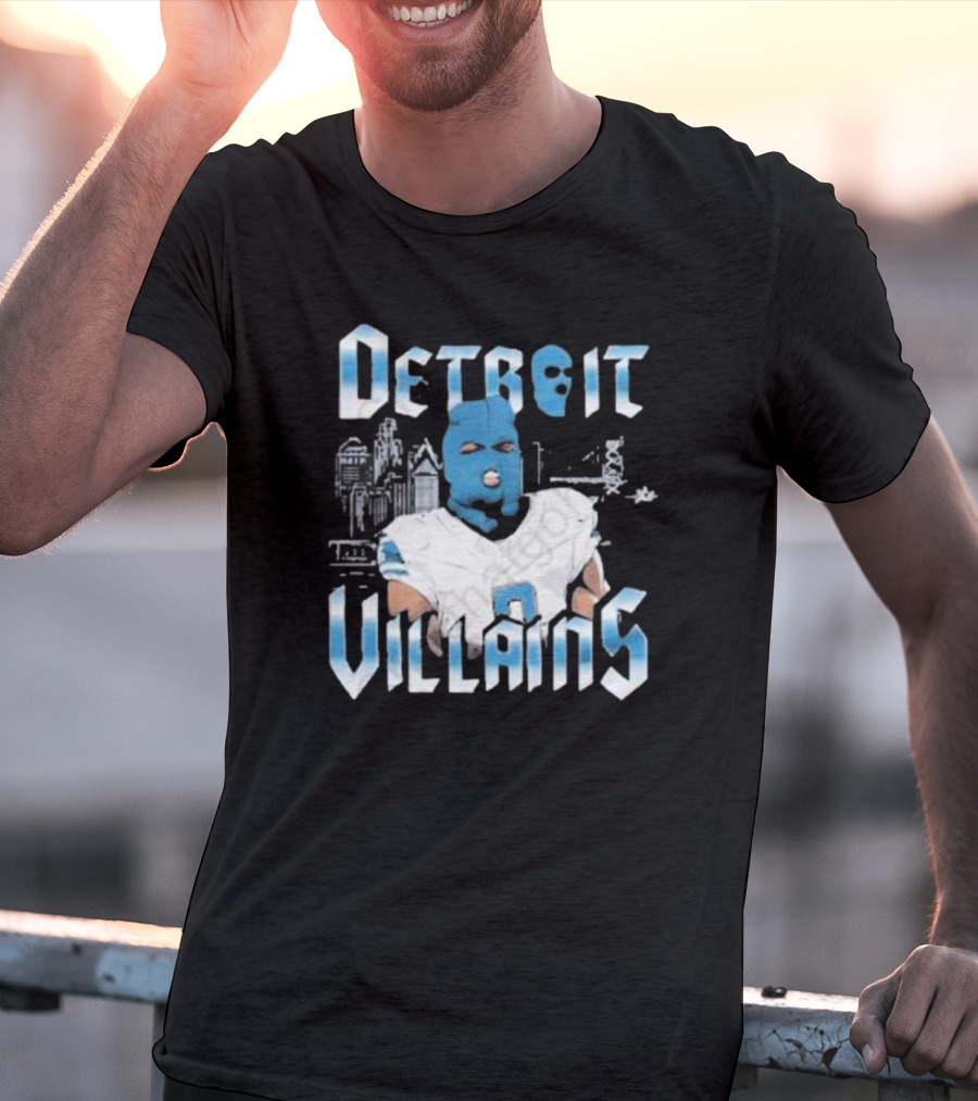 Detroit Villains Football Blue Masked Player Featuring City Skyline T-Shirt