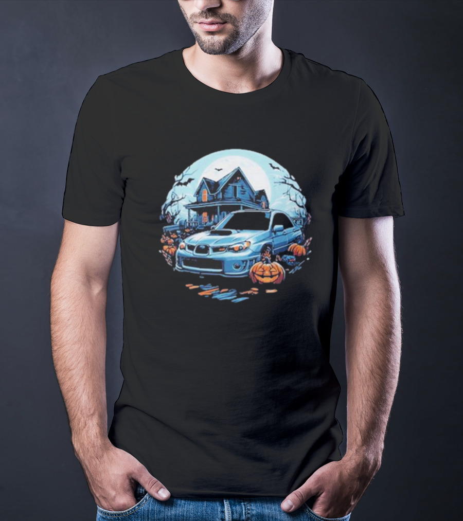 The Car Scene Network Halloween Haunted House With Pumpkins And Bats T-Shirt
