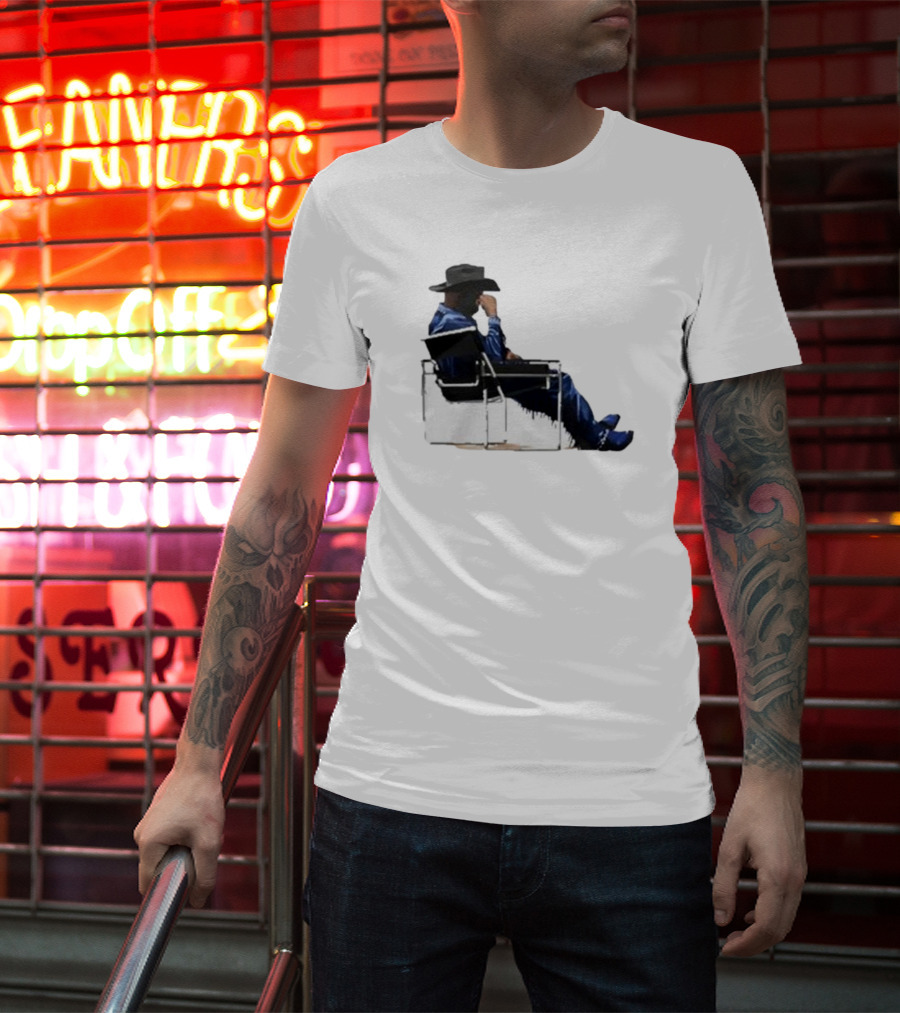 Bad Bunny Sitting Cowboy Chair Black Hat Blue T-Shirt