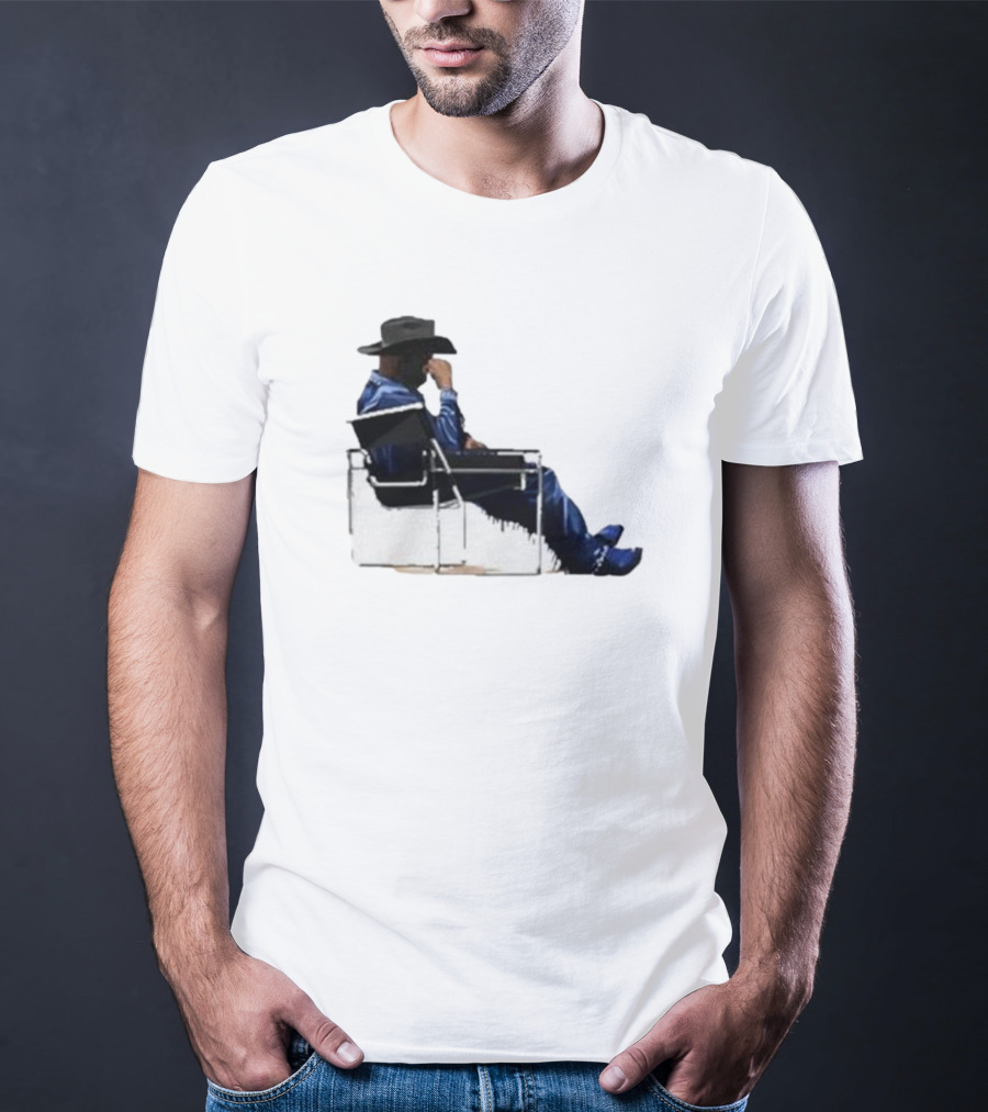 Bad Bunny Sitting Cowboy Chair Black Hat Blue T-Shirt