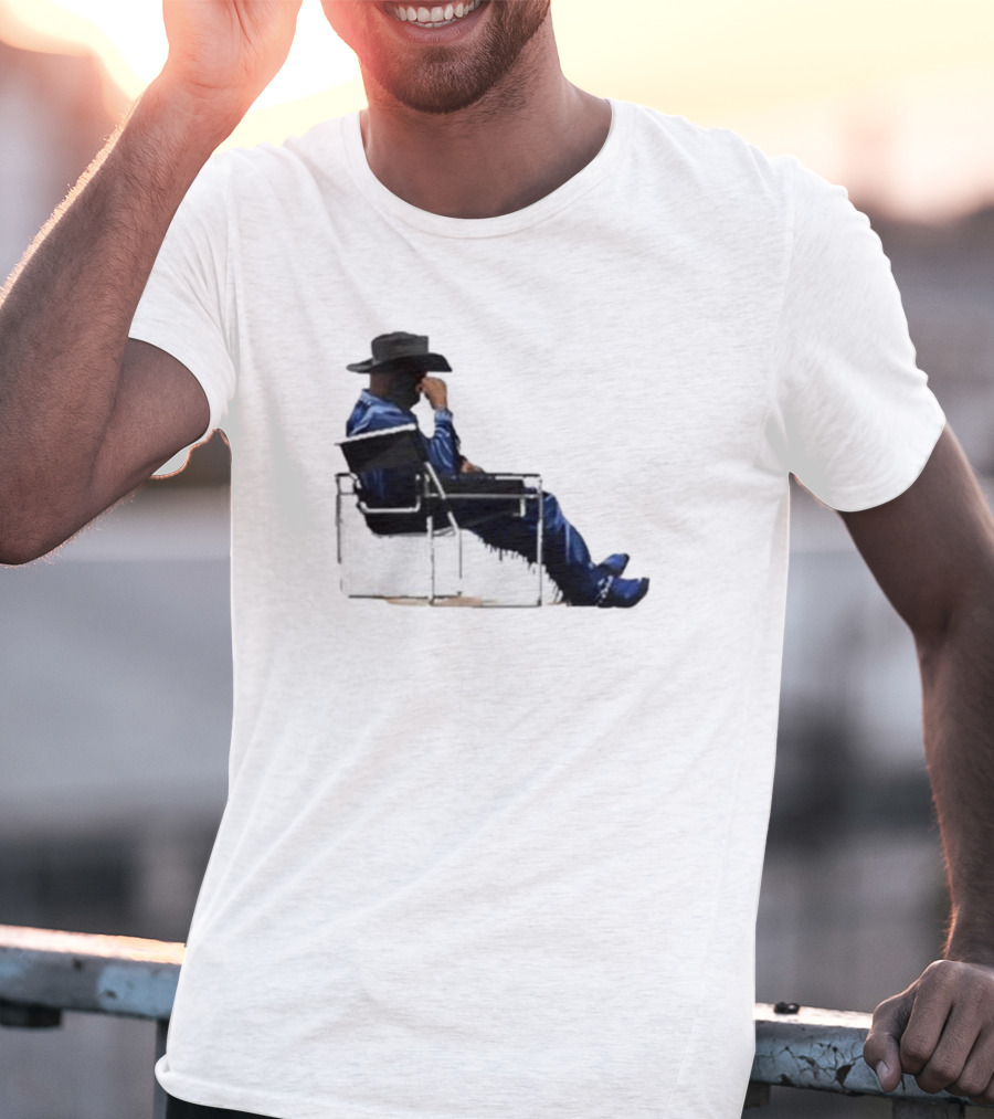 Bad Bunny Sitting Cowboy Chair Black Hat Blue T-Shirt