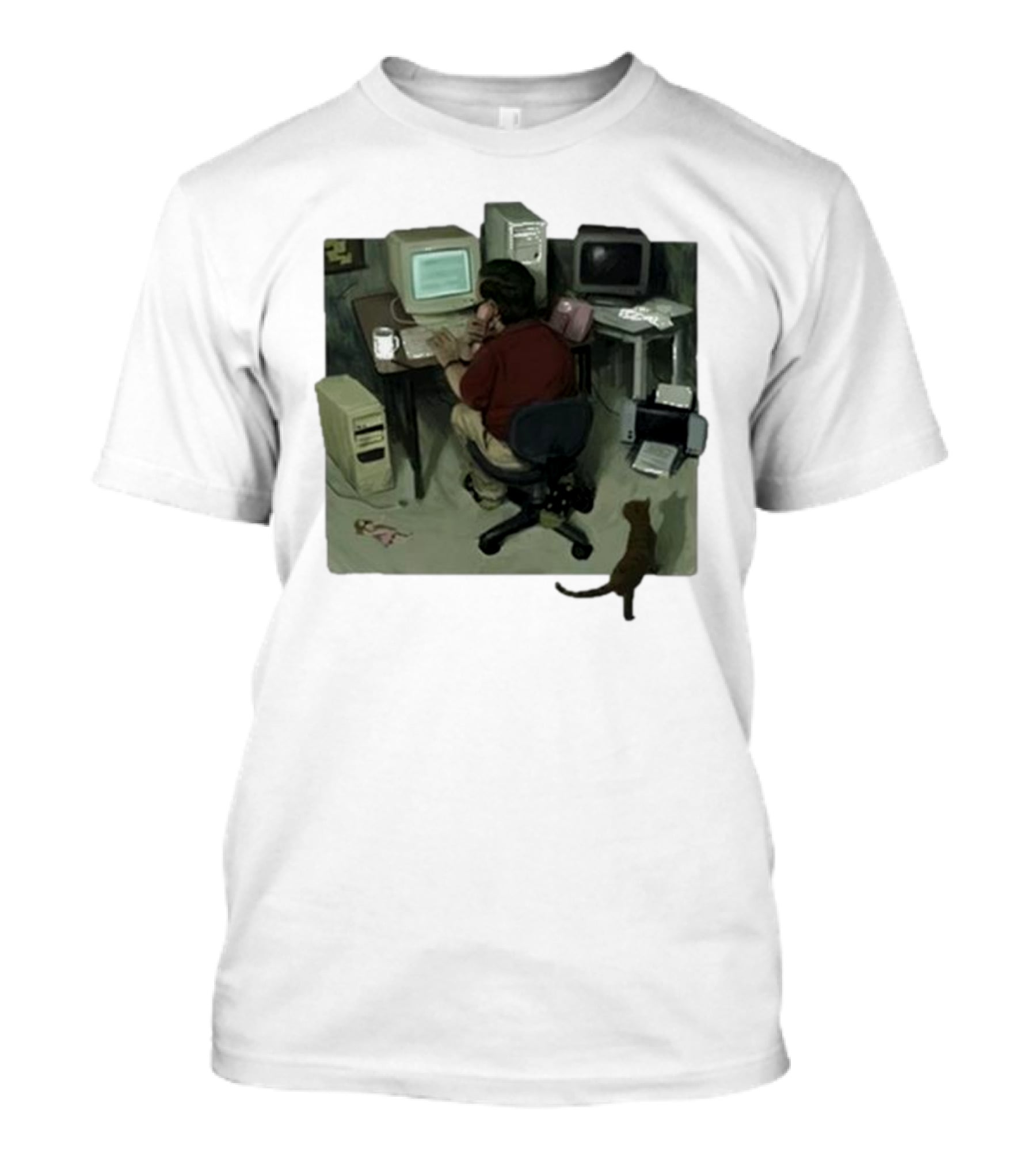 Ollie Jones Freelancer At Computer With Cat In Home Office Scene T-Shirt