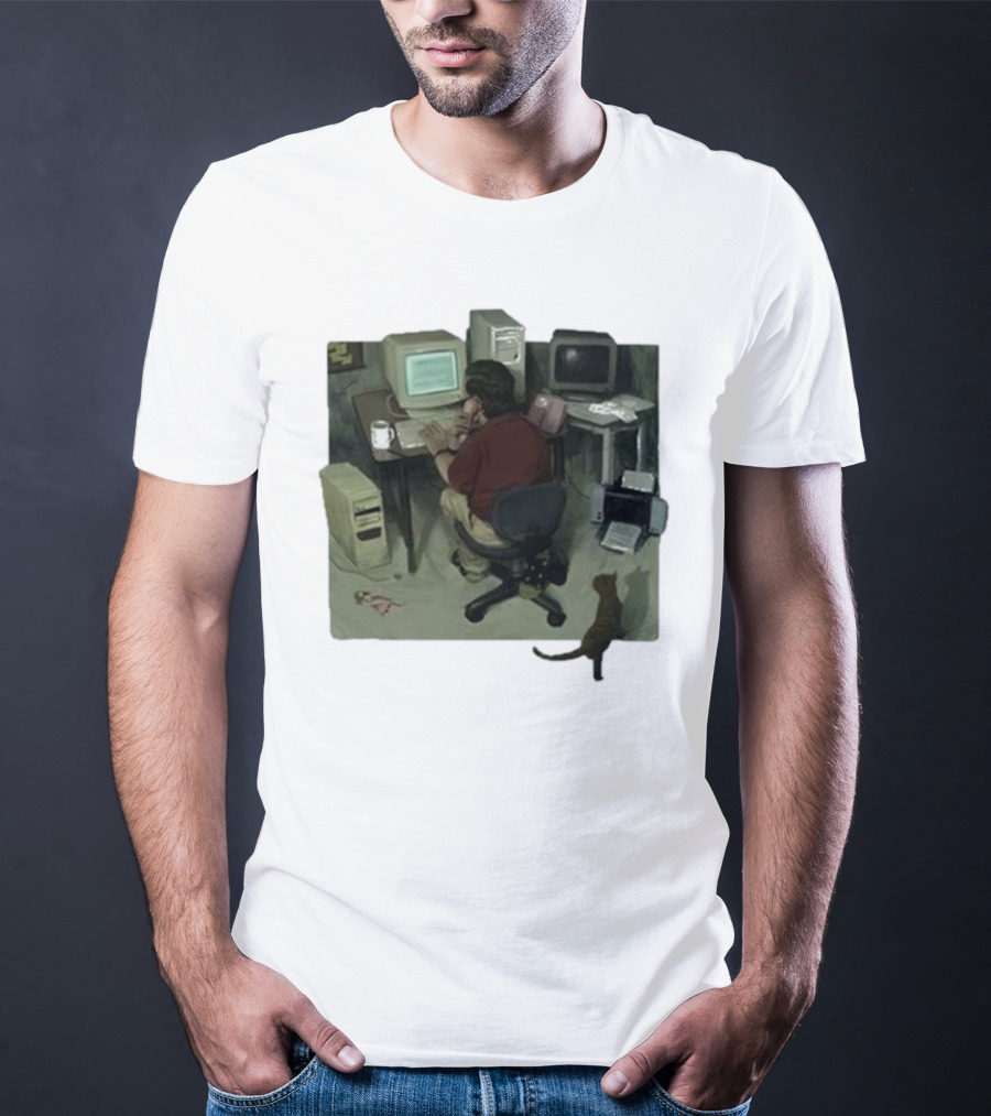 Ollie Jones Freelancer At Computer With Cat In Home Office Scene T-Shirt