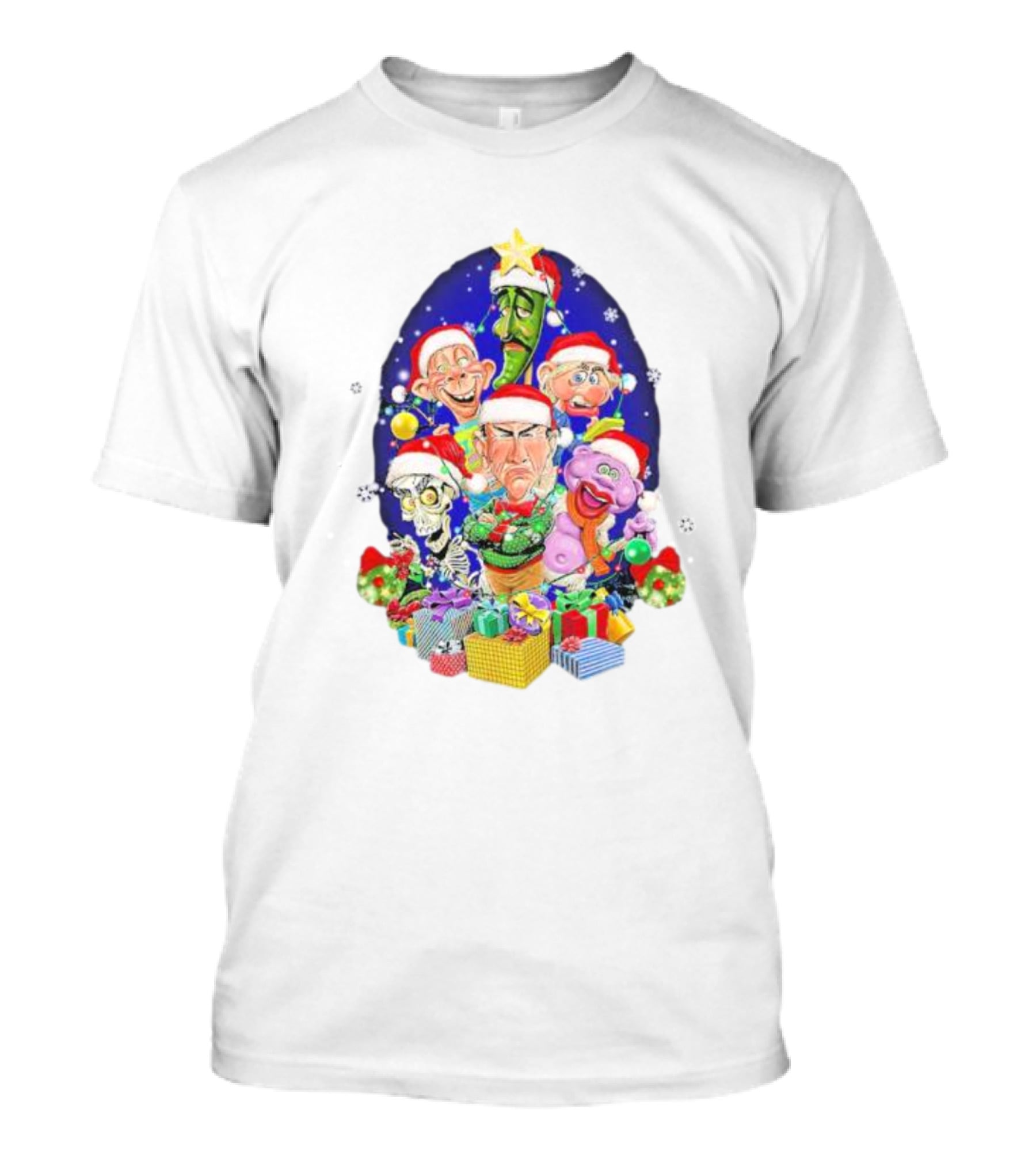 Jeff Dunham Christmas Characters With Santa Hats And Gifts Snow Merry Christmas T-Shirt