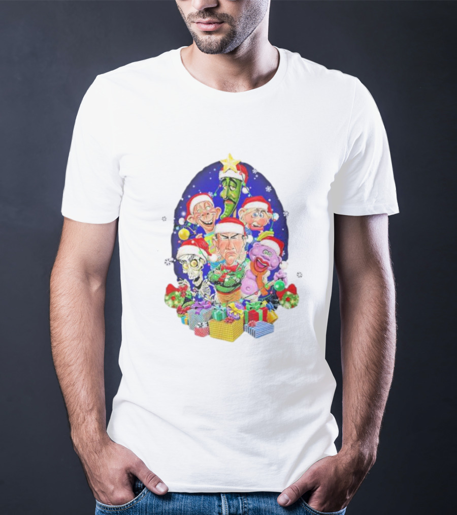 Jeff Dunham Christmas Characters With Santa Hats And Gifts Snow Merry Christmas T-Shirt