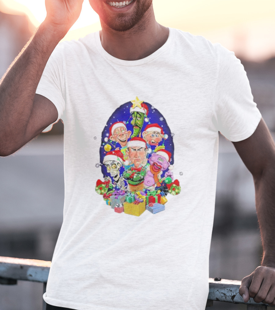 Jeff Dunham Christmas Characters With Santa Hats And Gifts Snow Merry Christmas T-Shirt