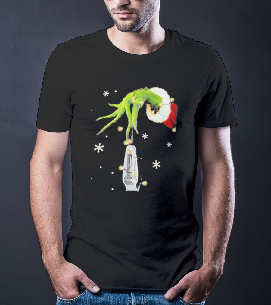 Grinch Christmas Hand Holding Clipper Snowflakes Santa Hat T-Shirt