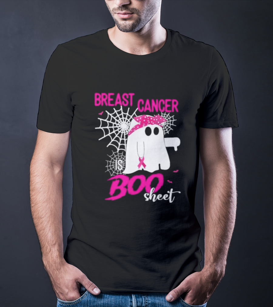 Breast Cancer Is Boo Sheet Halloween Ghost With Pink Ribbon And Spider Webs T-Shirt
