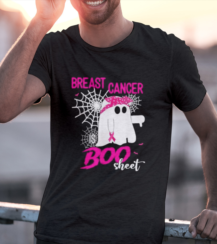 Breast Cancer Is Boo Sheet Halloween Ghost With Pink Ribbon And Spider Webs T-Shirt