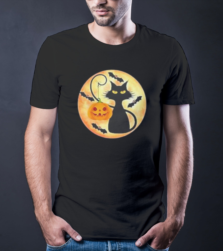 Funny Pumpkin Black Cat Halloween Witch Bat Moon T-Shirt
