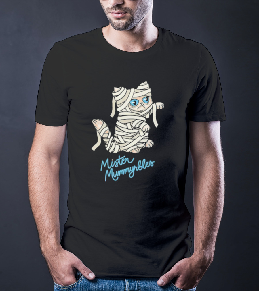 Lilbub Mister Mummyrbles Wrapped Cat With Blue Text T-Shirt