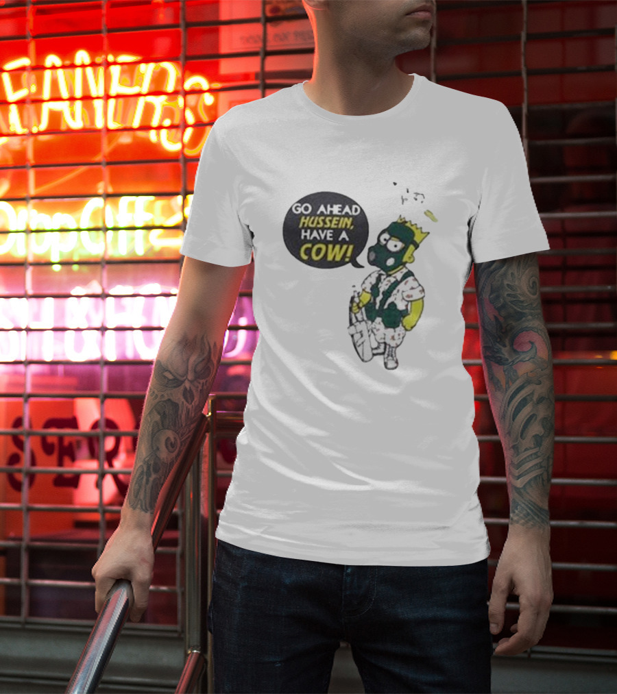 Go Ahead Hussein Have A Cow Cartoon Character In Gas Mask With Crown And Balloons T-Shirt