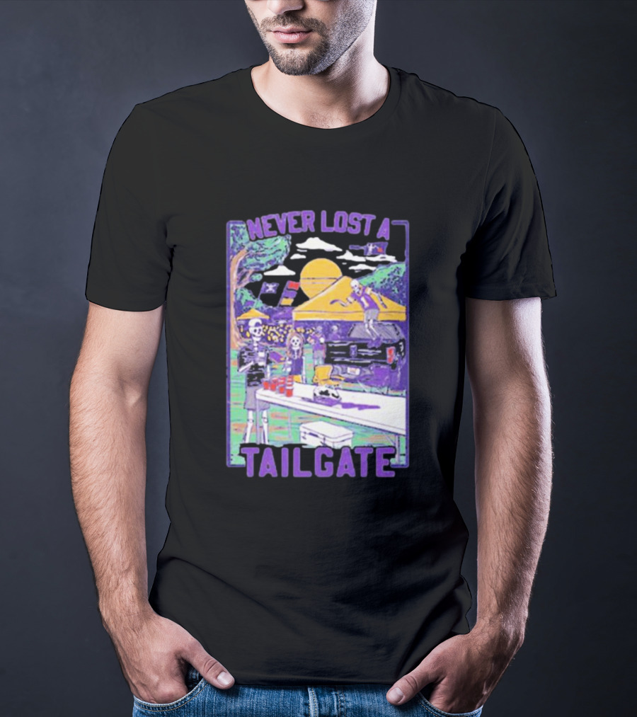 Never Lost A Tailgate Vintage Skeletons Under Yellow Tent With Sunset And Flags T-Shirt