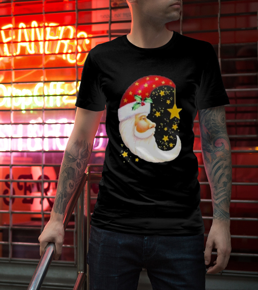 Christmas Santa Crescent Moon Starry Hat Print Crew Neck T-Shirt