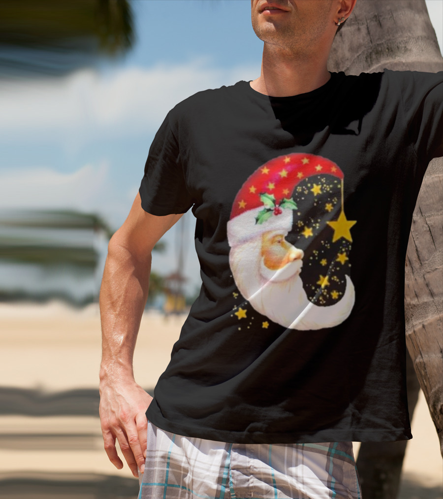 Christmas Santa Crescent Moon Starry Hat Print Crew Neck T-Shirt