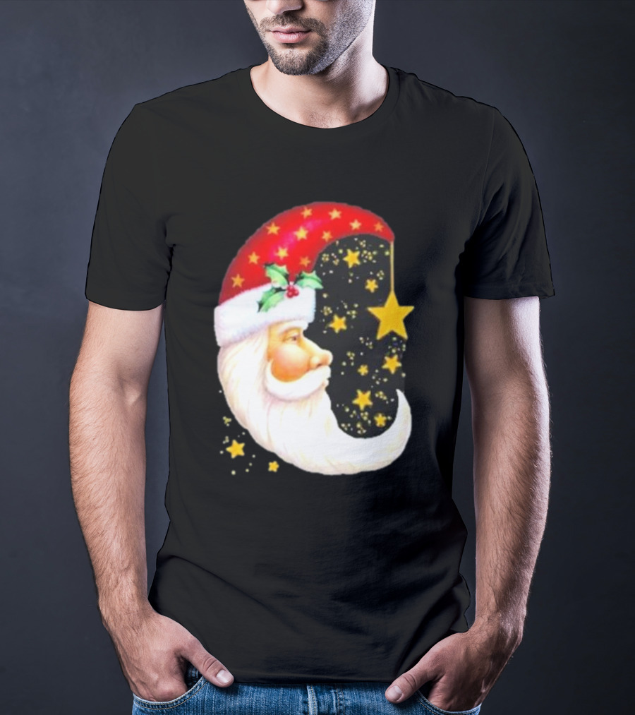 Christmas Santa Crescent Moon Starry Hat Print Crew Neck T-Shirt