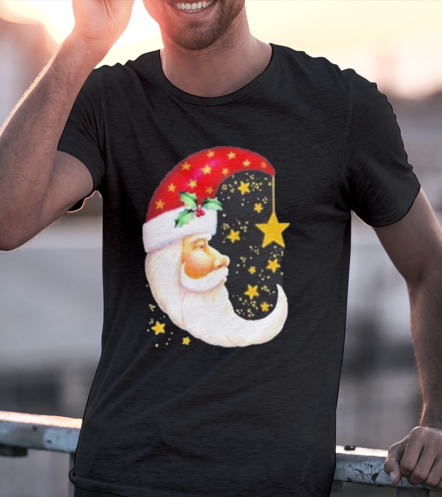Christmas Santa Crescent Moon Starry Hat Print Crew Neck T-Shirt