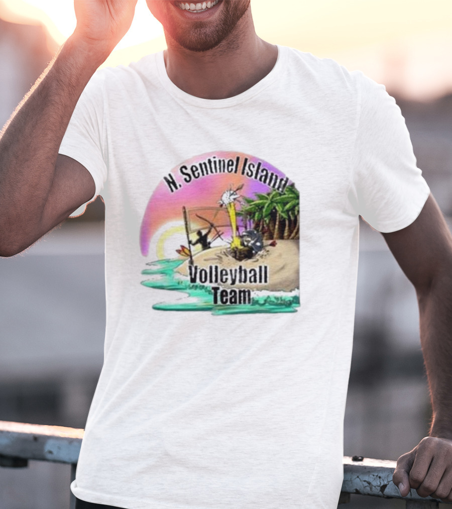 N. Sentinel Island Volleyball Team Sunset Beach Scene With Palms T-Shirt