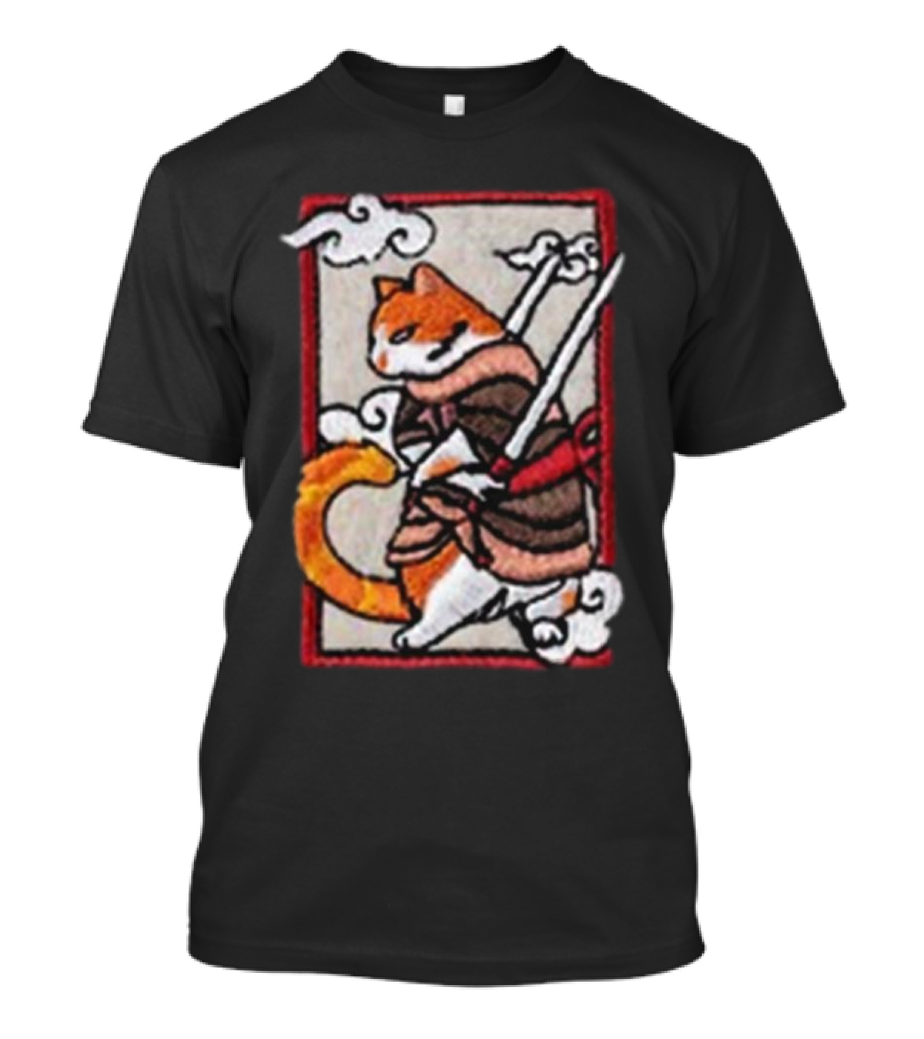Loky Rain Loky Samurai Cat In Traditional Armor With Swords And Clouds T-Shirt