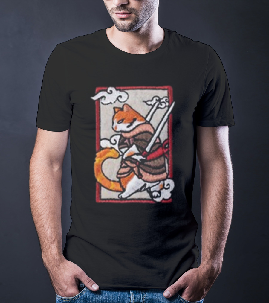 Loky Rain Loky Samurai Cat In Traditional Armor With Swords And Clouds T-Shirt