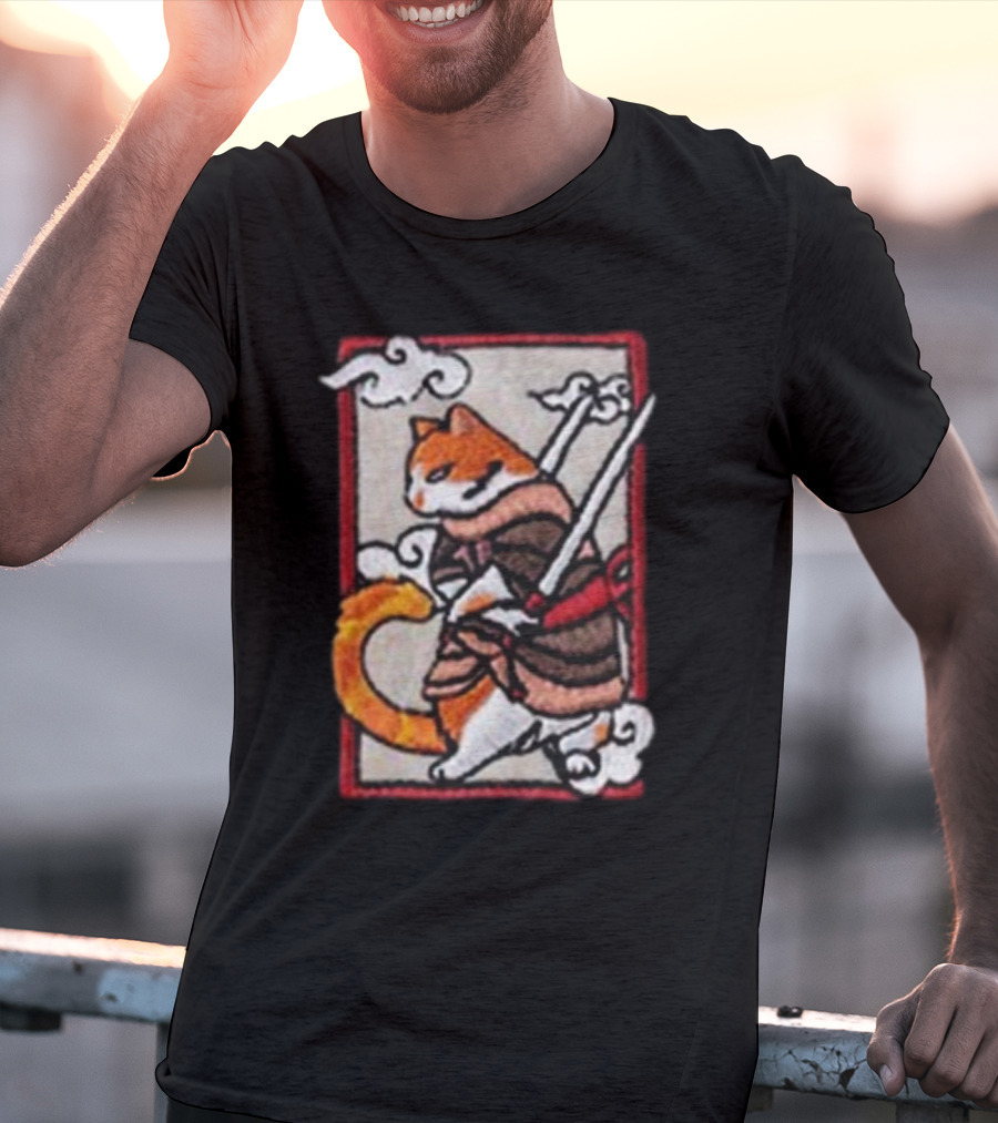 Loky Rain Loky Samurai Cat In Traditional Armor With Swords And Clouds T-Shirt