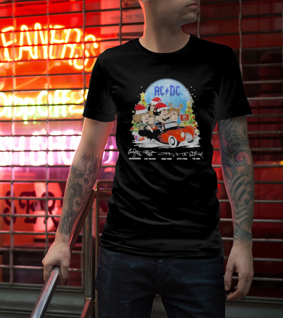 ACDC Band Members In Santa Hats Merry Christmas Signatures On Car With Highway To Hell Sign T-Shirt
