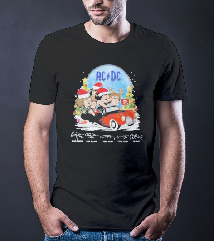 ACDC Band Members In Santa Hats Merry Christmas Signatures On Car With Highway To Hell Sign T-Shirt