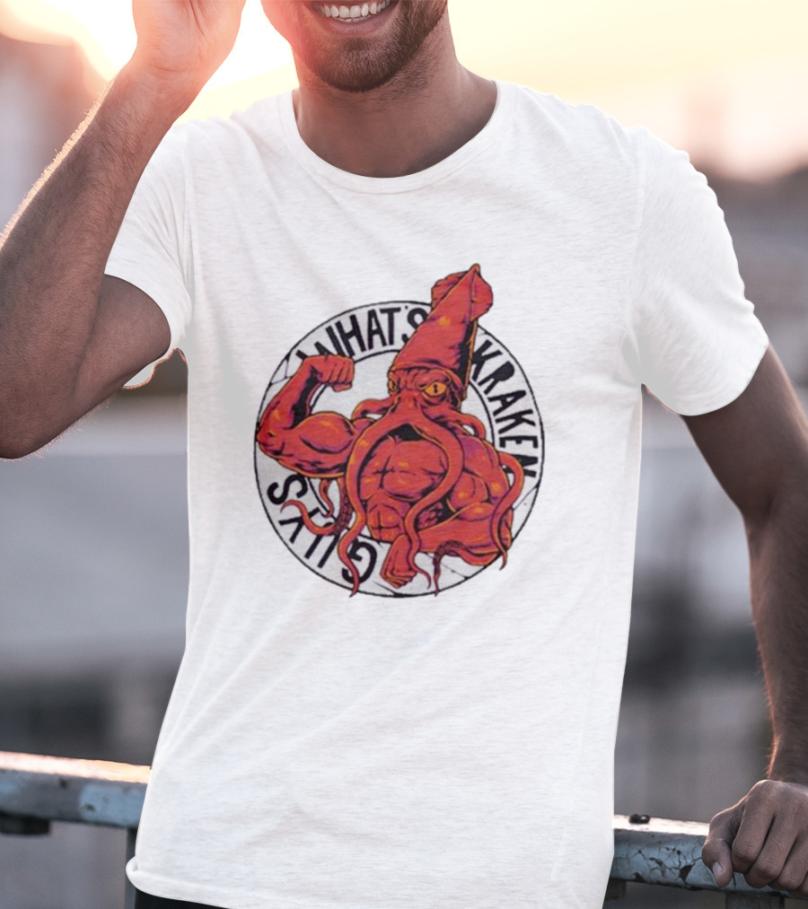 What’s Kraken Guys Sea Muscular Squid Circle T-Shirt