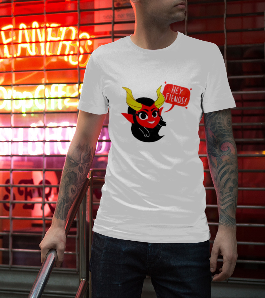 Ginnydi Hey Fiends Demon Cartoon Character With Red Face Yellow Horns And Black Hair T-Shirt