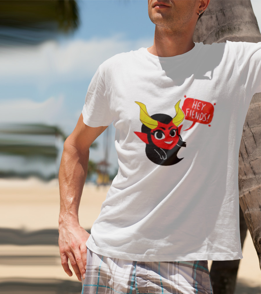 Ginnydi Hey Fiends Demon Cartoon Character With Red Face Yellow Horns And Black Hair T-Shirt