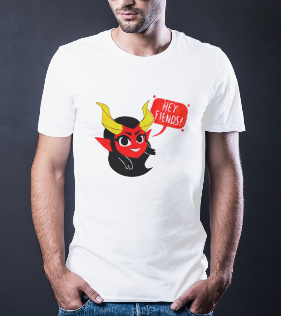 Ginnydi Hey Fiends Demon Cartoon Character With Red Face Yellow Horns And Black Hair T-Shirt