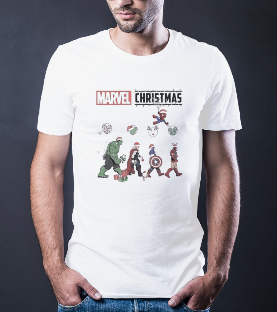 Marvel Christmas Superhero Characters In Santa Hats T-Shirt