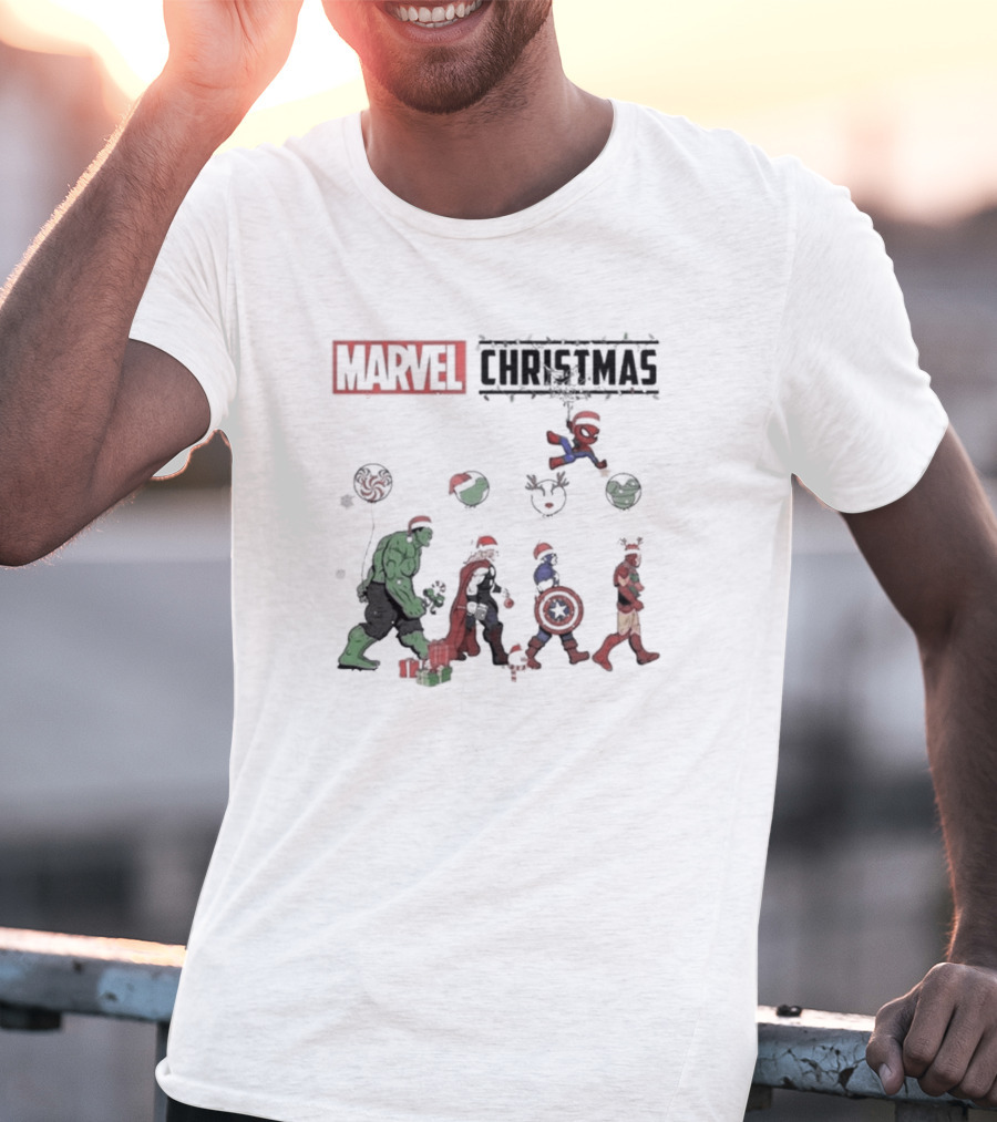 Marvel Christmas Superhero Characters In Santa Hats T-Shirt