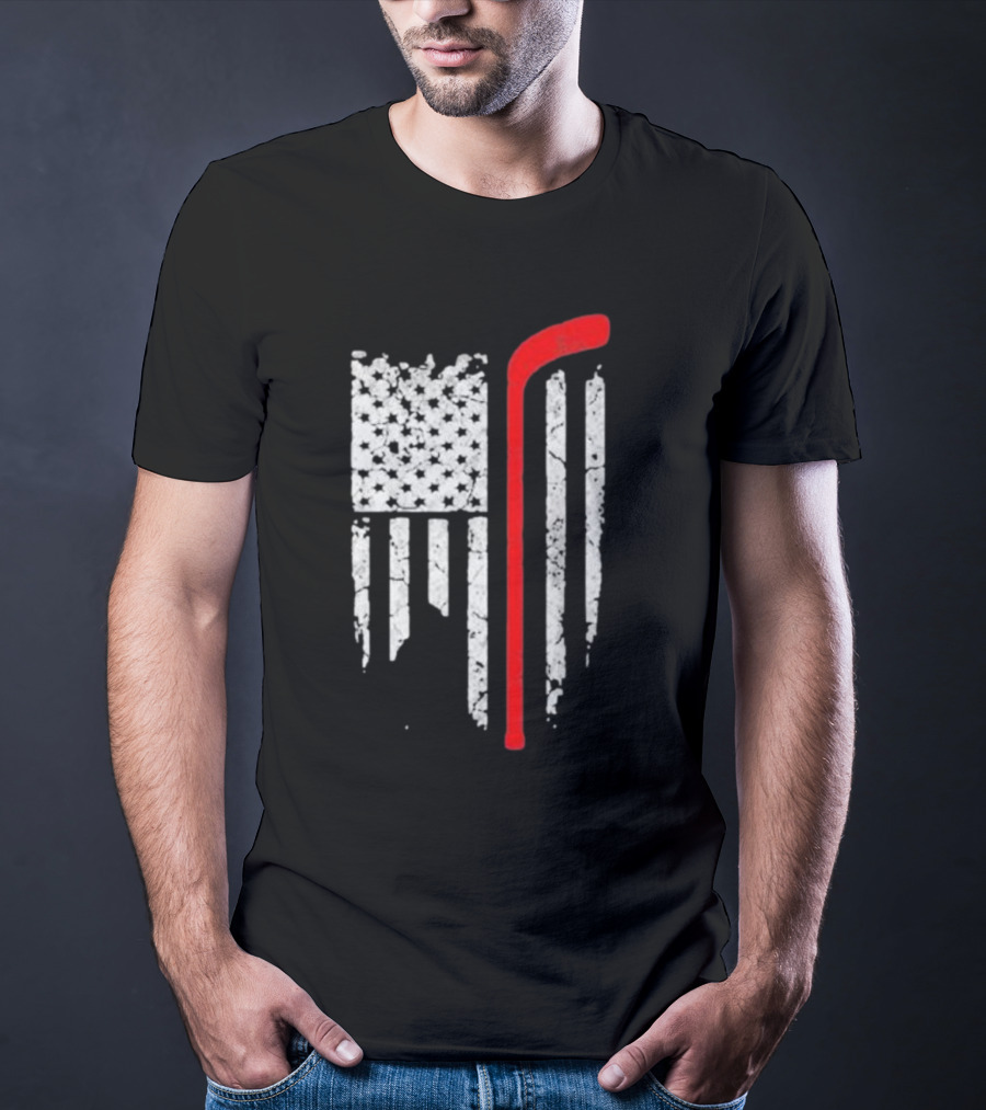 Hockey Stick American Flag Stars Stripes T-Shirt