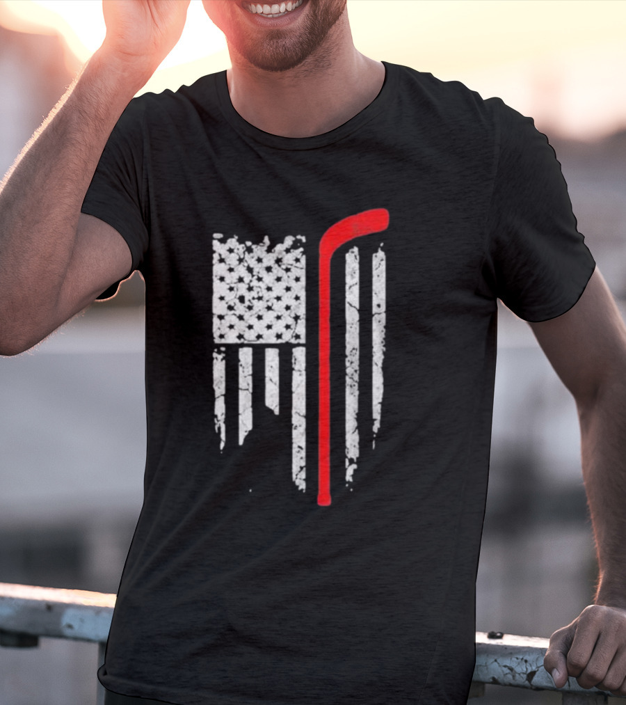 Hockey Stick American Flag Stars Stripes T-Shirt