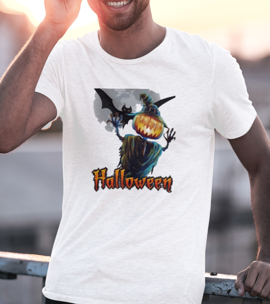 Halloween Horror Witch Straw Man Pumpkins Bat Scary Night T-Shirt