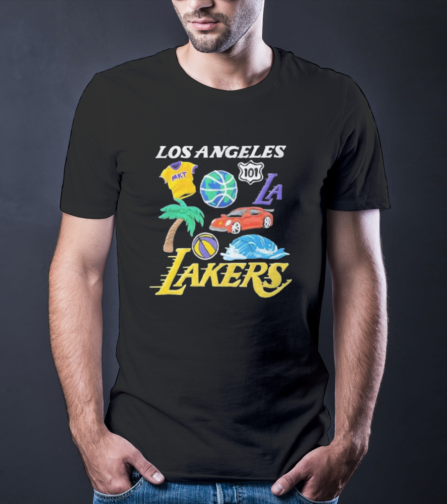Los Angeles Lakers NBA MKT 101 Claymation LA Basketball Car Palm Wave T-Shirt
