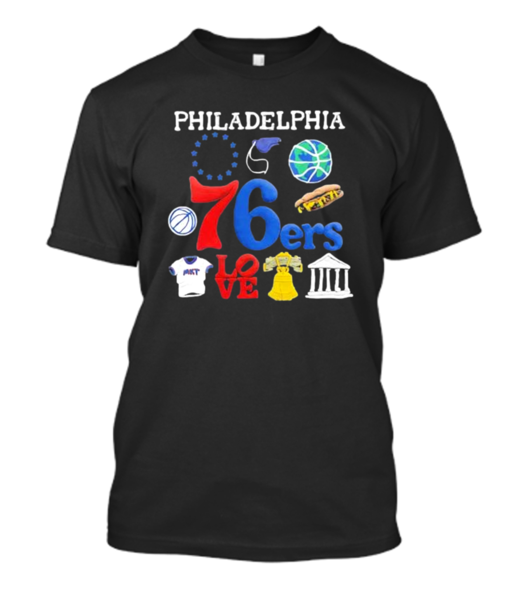 Philadelphia 76ers NBA Market Claymation Love Basketball Hotdog Liberty Bell Federal Building T-Shirt