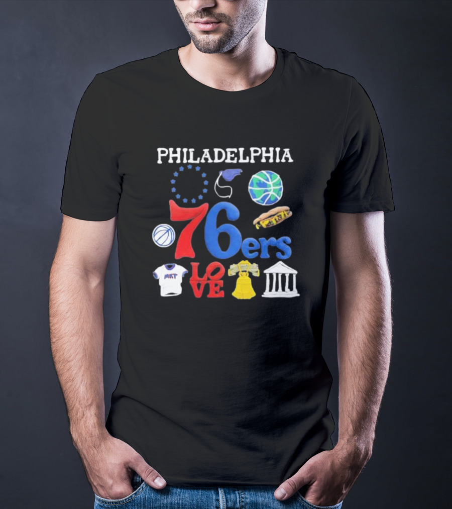 Philadelphia 76ers NBA Market Claymation Love Basketball Hotdog Liberty Bell Federal Building T-Shirt