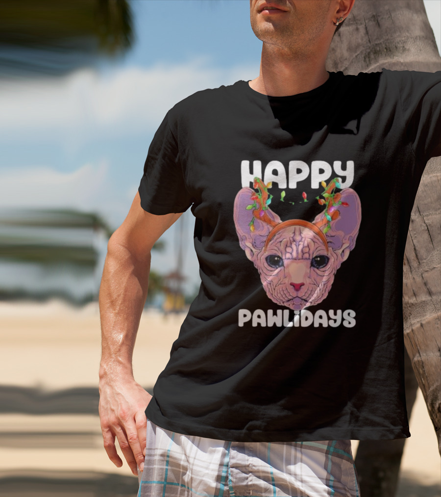 Happy Pawlidays Sphynx Cat With Christmas Lights T-Shirt